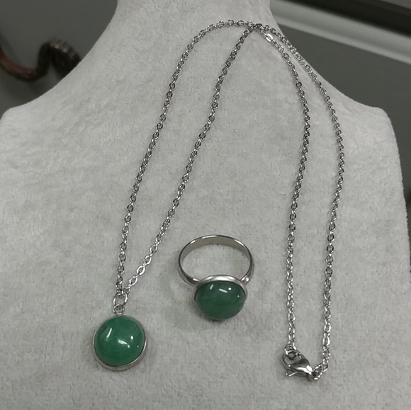 Aventurine Necklace & Ring Set Natural Gemstone Adjustable Stainless-Steel Ring - Picture 8 of 11